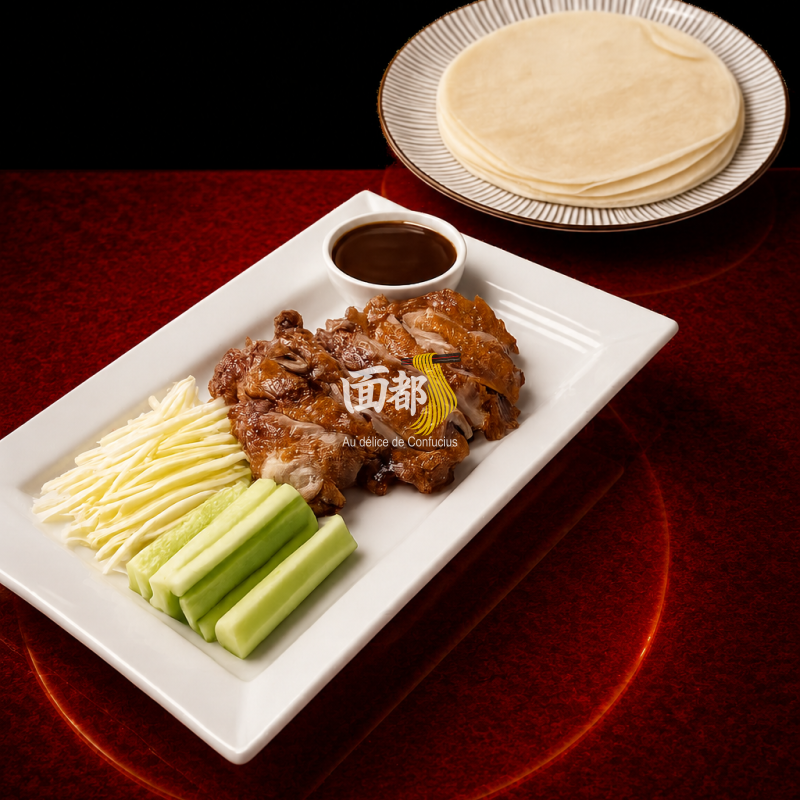 Canard parfumé avec petites crêpes concombres et ciboulettes